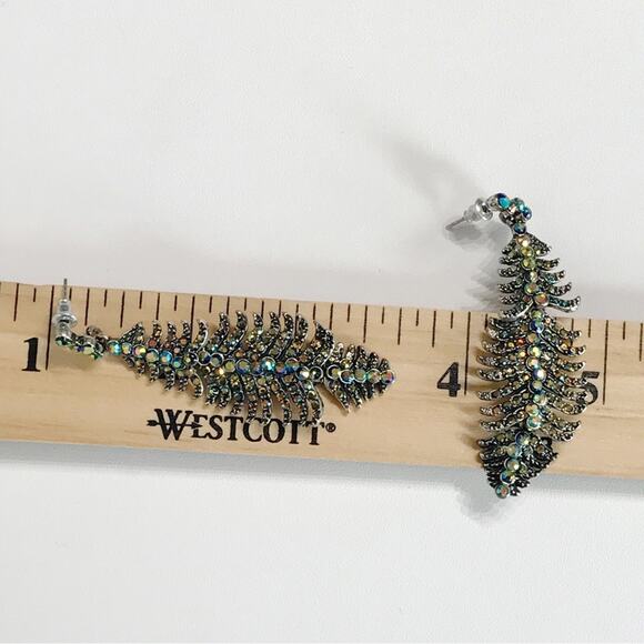 Silver Tone Articulated AB Blue Rhinestone Dangle Feather Earrings Pierced Long - Picture 8 of 9